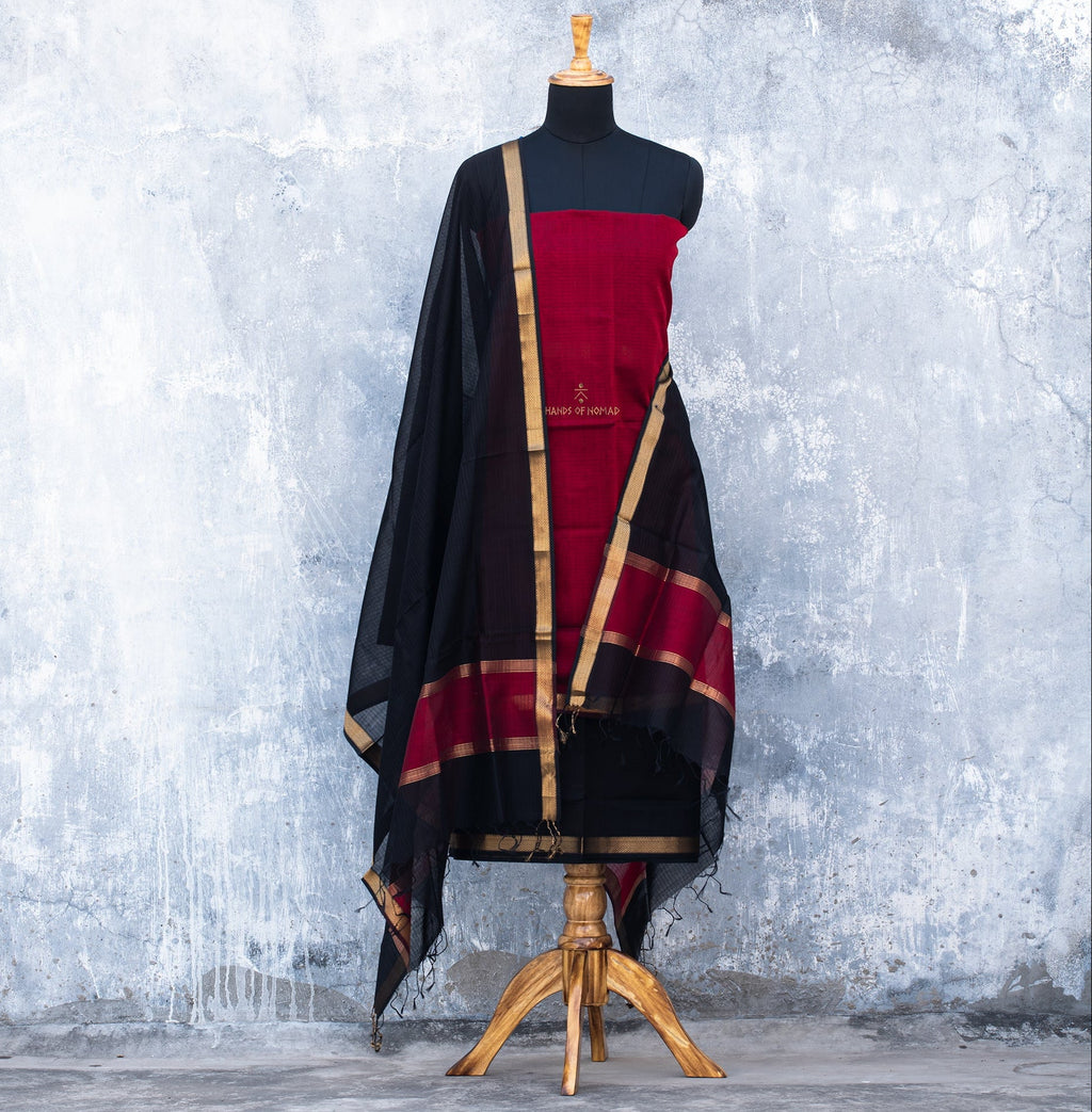 Black and Maroon Maheshwari Silk Unstitched Suits