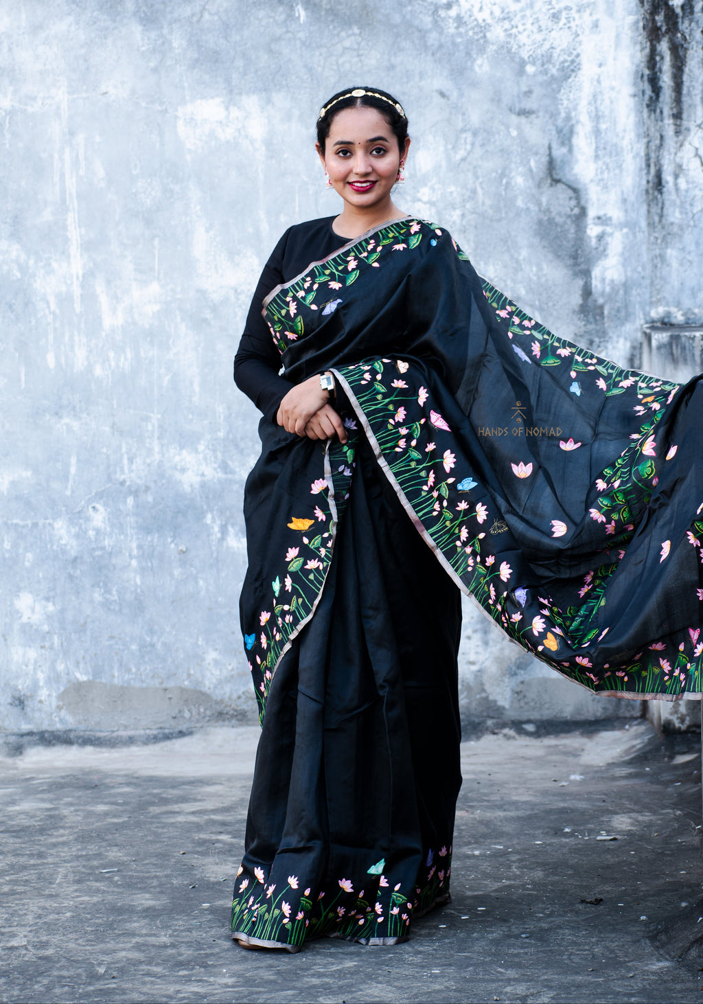 Black Hand Painted Pichwai Silk Saree