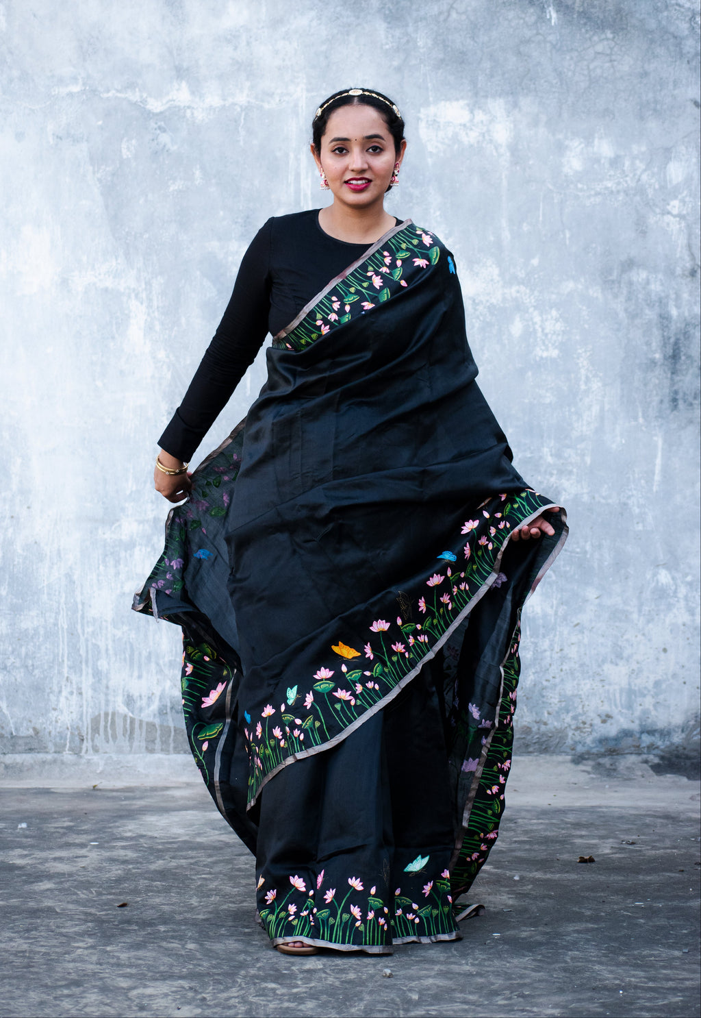 Black Hand Painted Pichwai Silk Saree