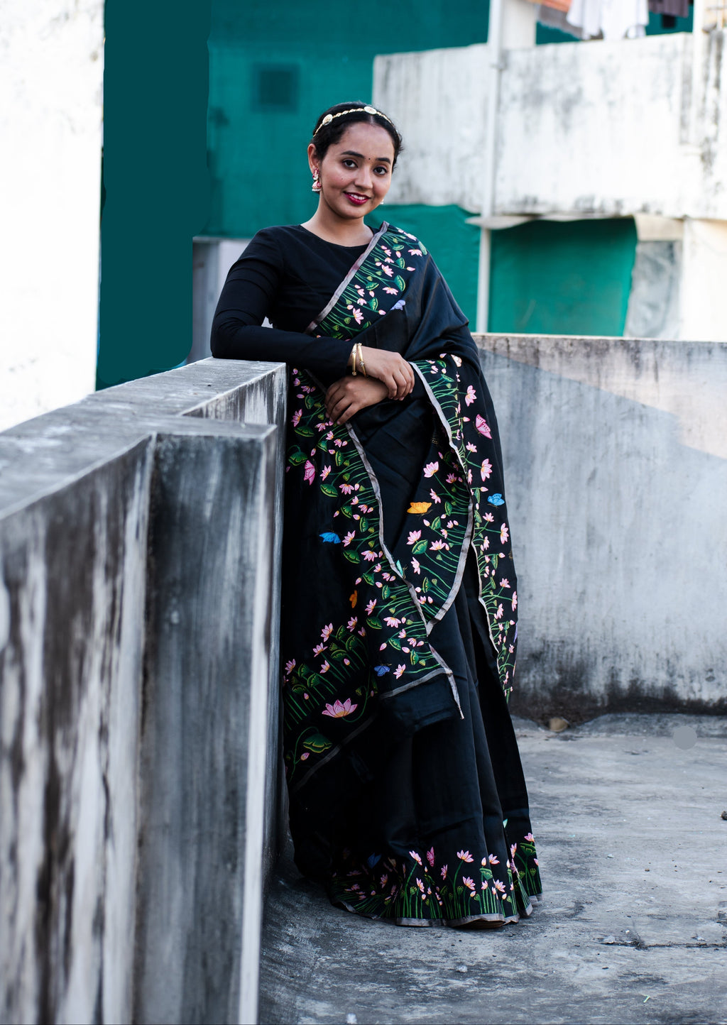 Black Hand Painted Pichwai Silk Saree