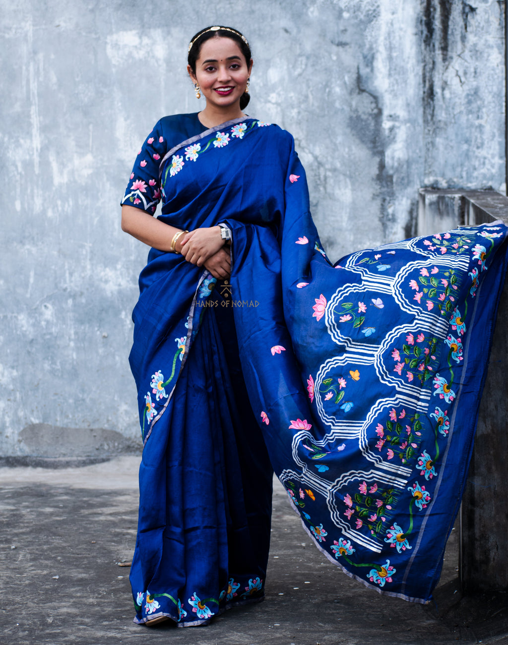 Blue Hand Painted Pichwai Silk Saree