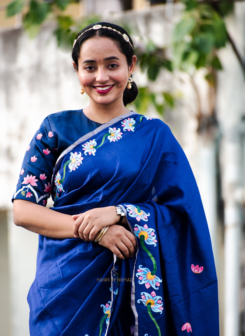 Blue Hand Painted Pichwai Silk Saree