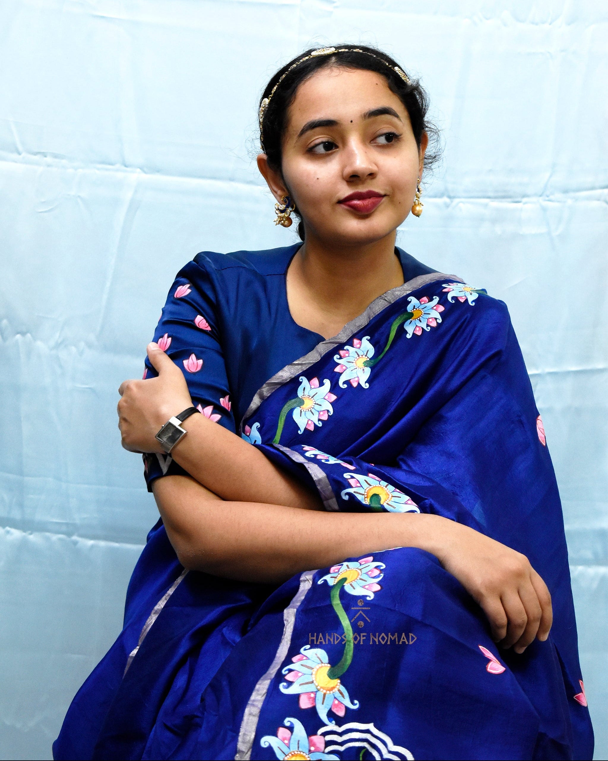 Blue Hand Painted Pichwai Silk Saree