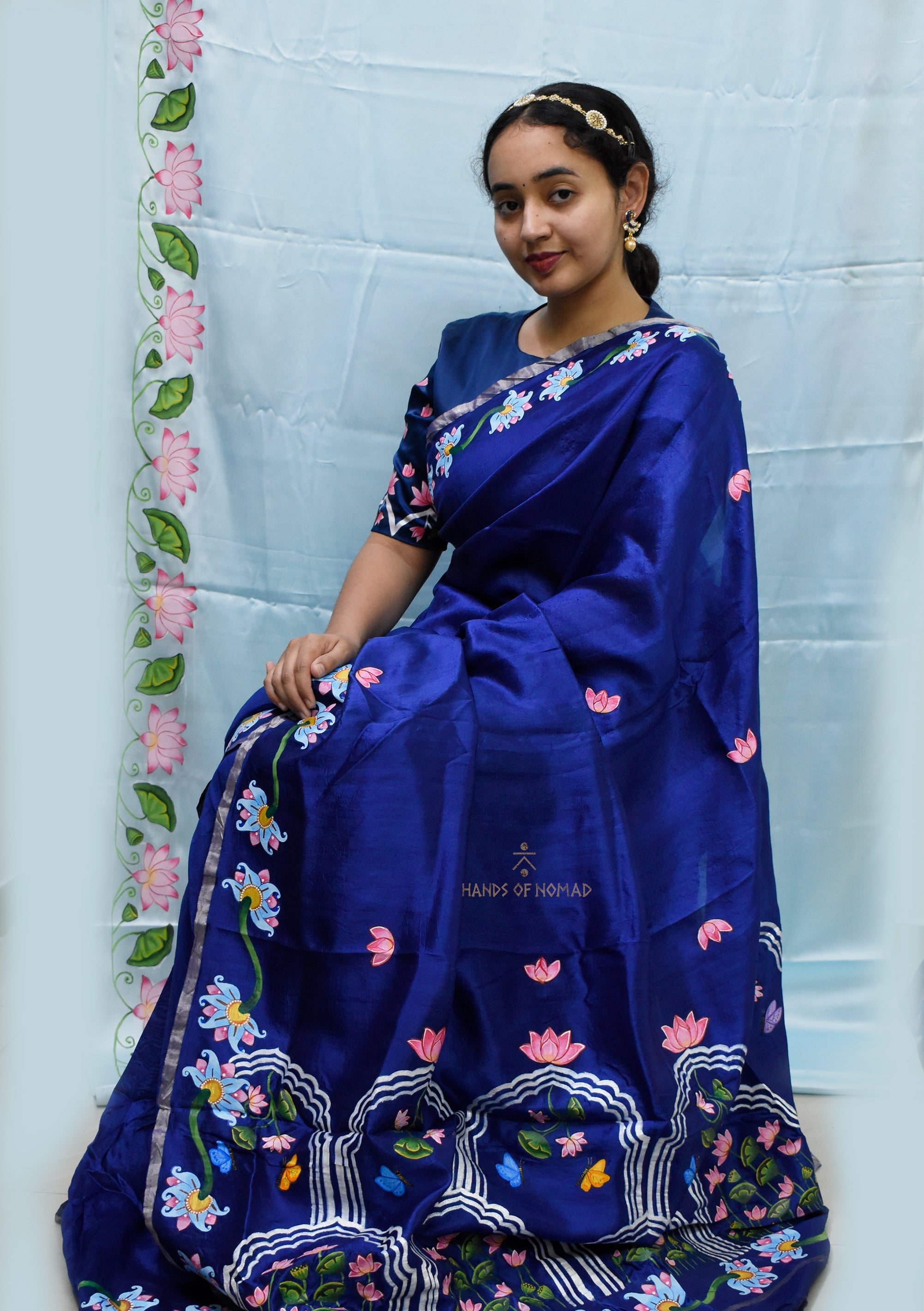 Blue Hand Painted Pichwai Silk Saree