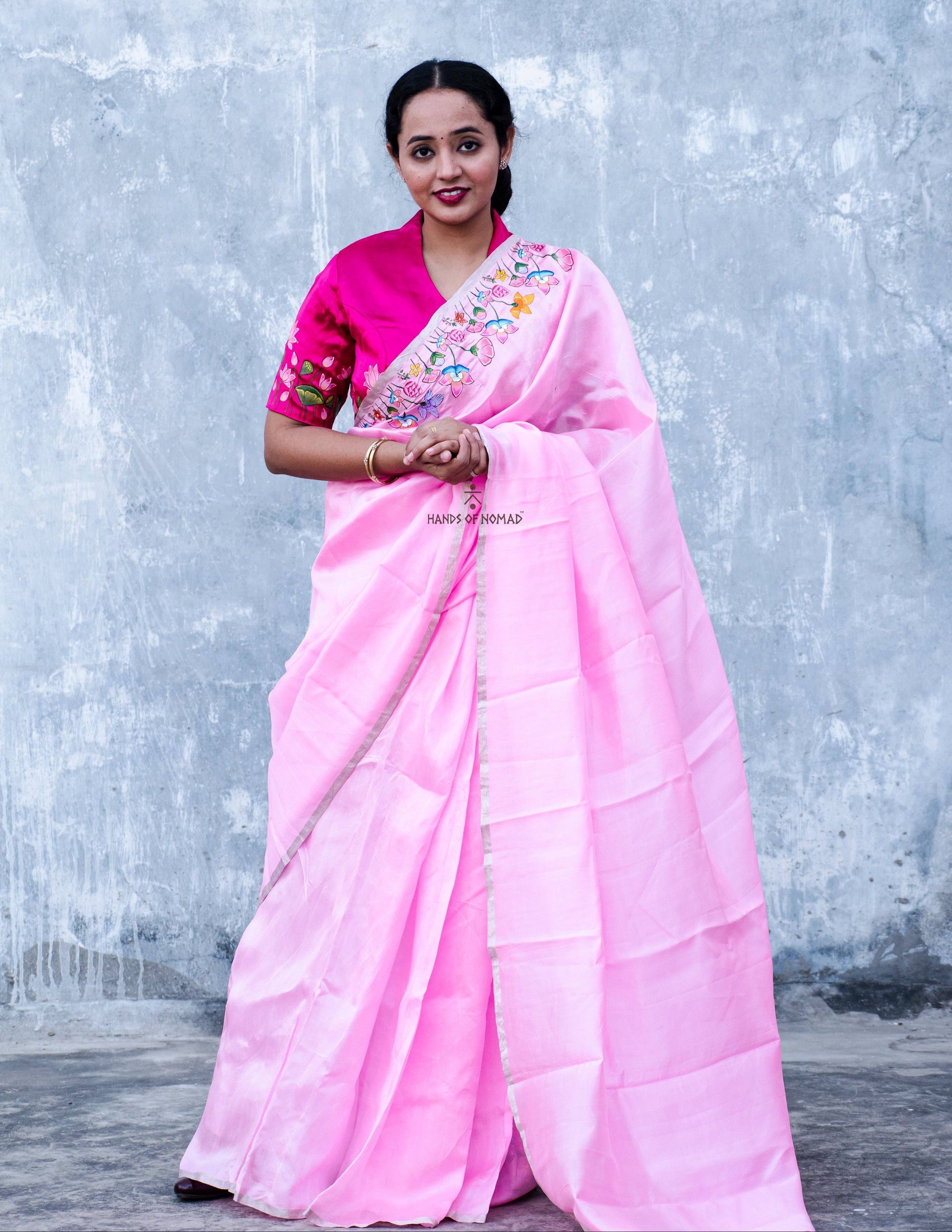 Light Pink Hand Painted Pichwai Silk Saree