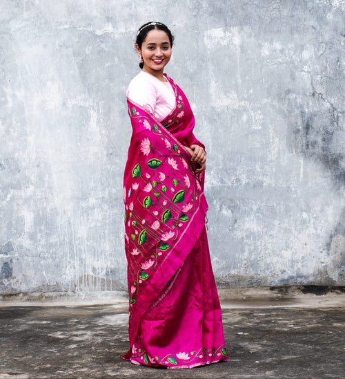 Pink Hand Painted Pichwai Silk Saree
