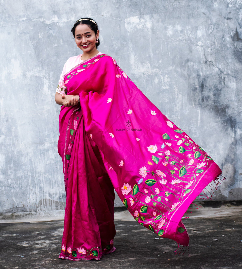 Pink Hand Painted Pichwai Silk Saree