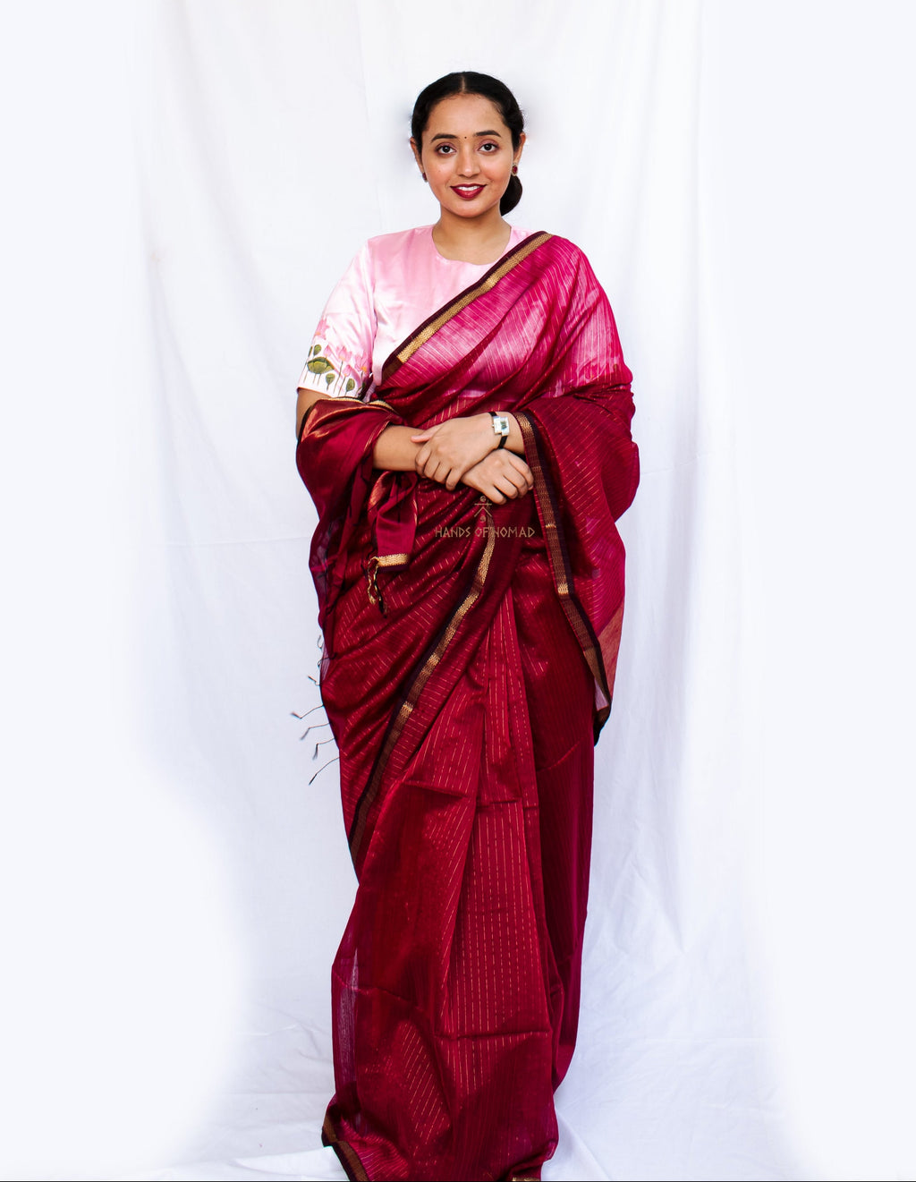 Pink stripes Cotton Silk Maheshwari Saree