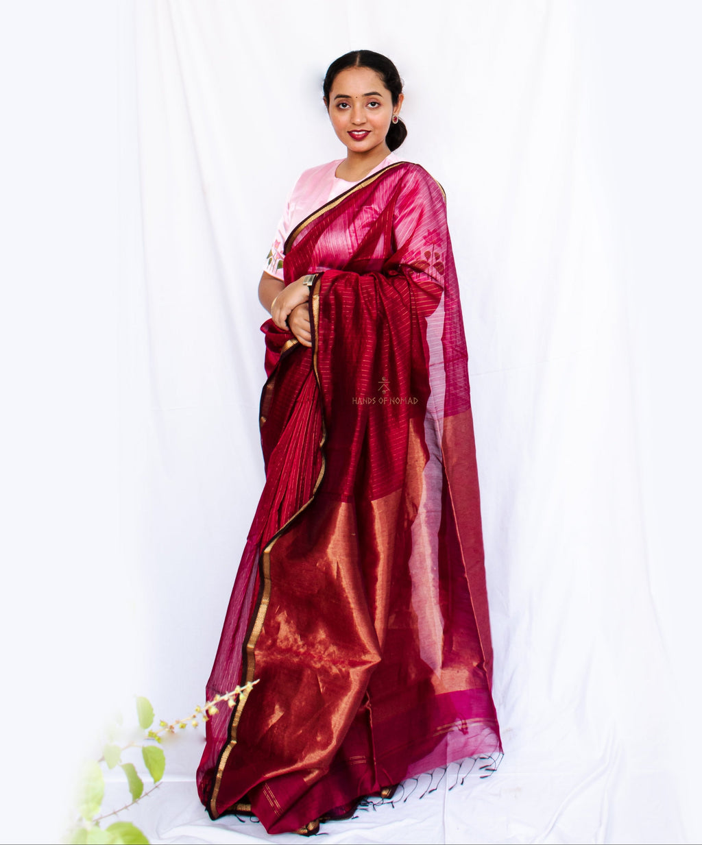 Pink stripes Cotton Silk Maheshwari Saree