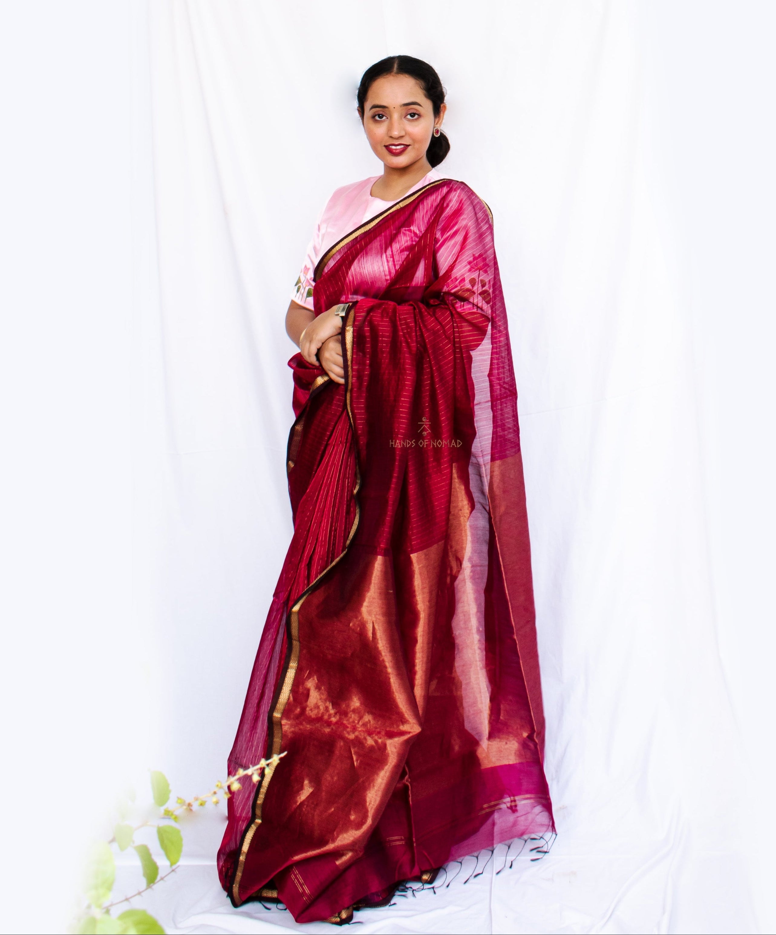 Pink stripes Cotton Silk Maheshwari Saree