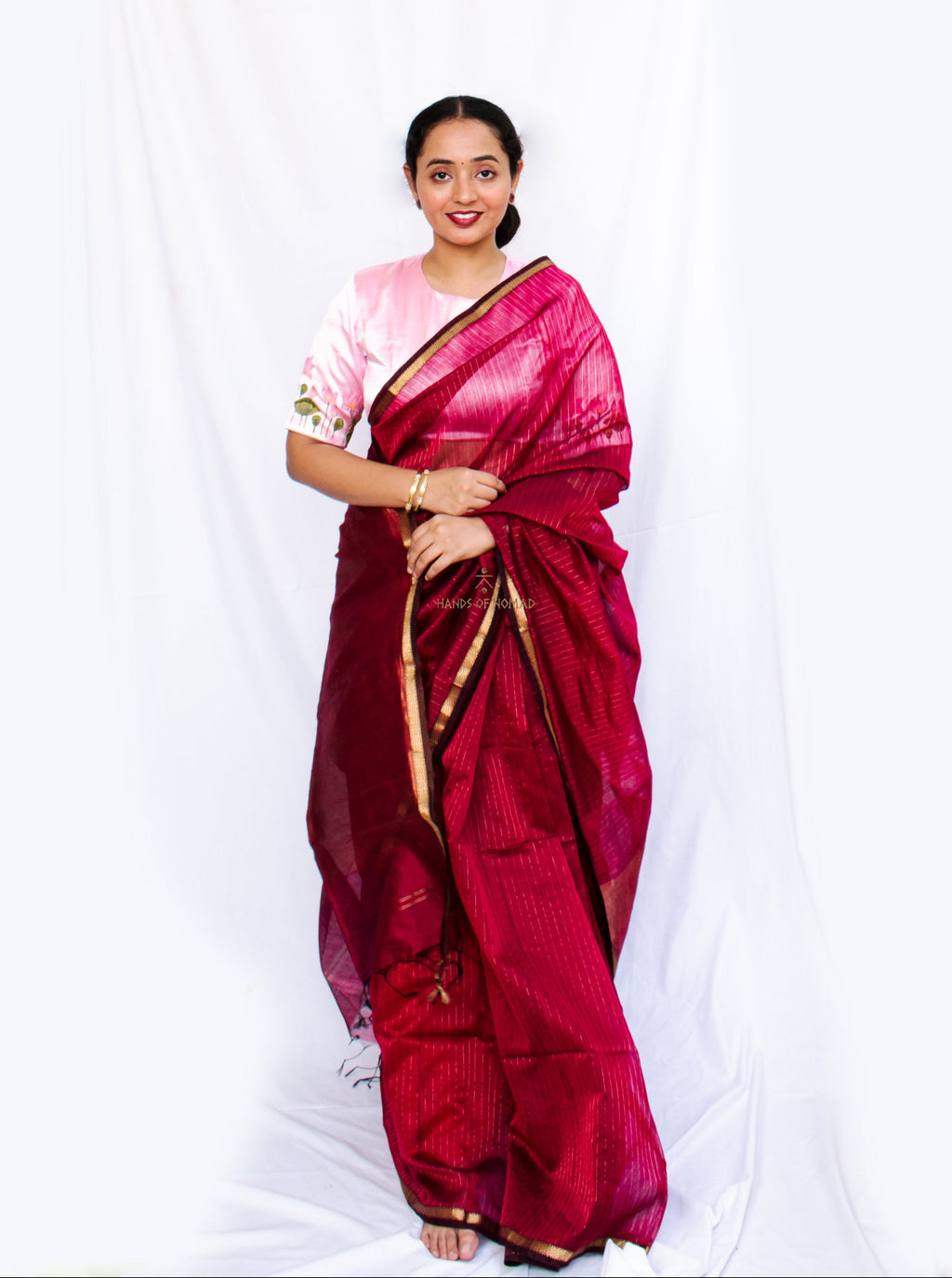 Pink stripes Cotton Silk Maheshwari Saree