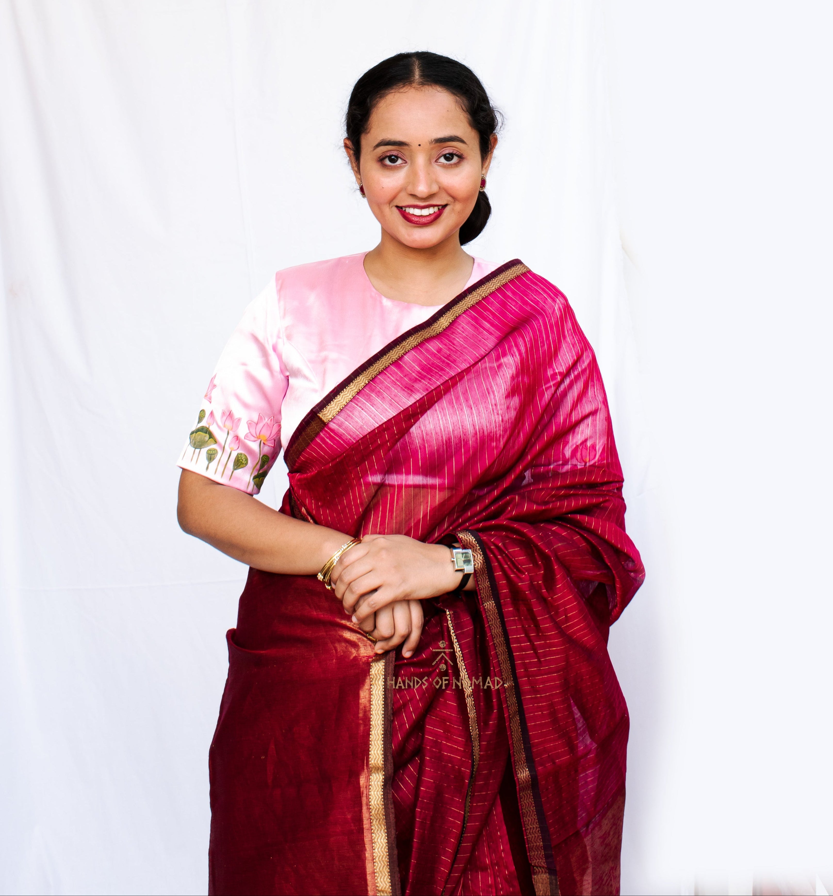 Pink stripes Cotton Silk Maheshwari Saree