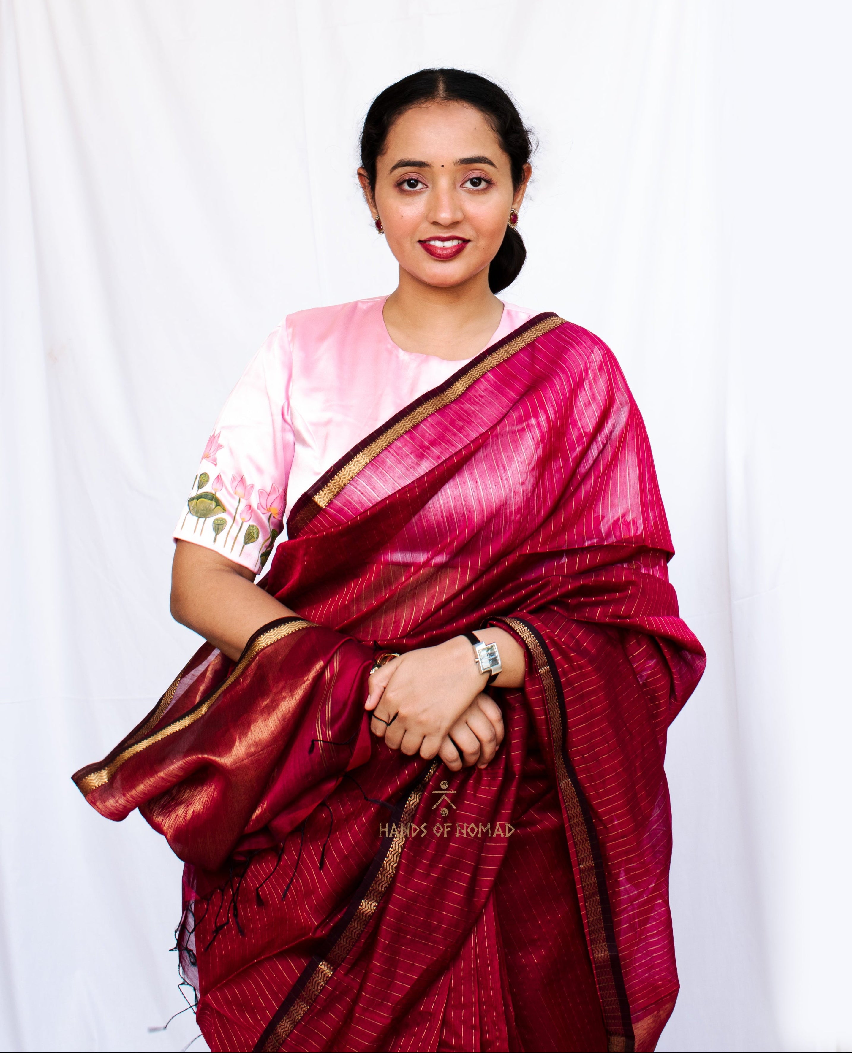 Pink stripes Cotton Silk Maheshwari Saree