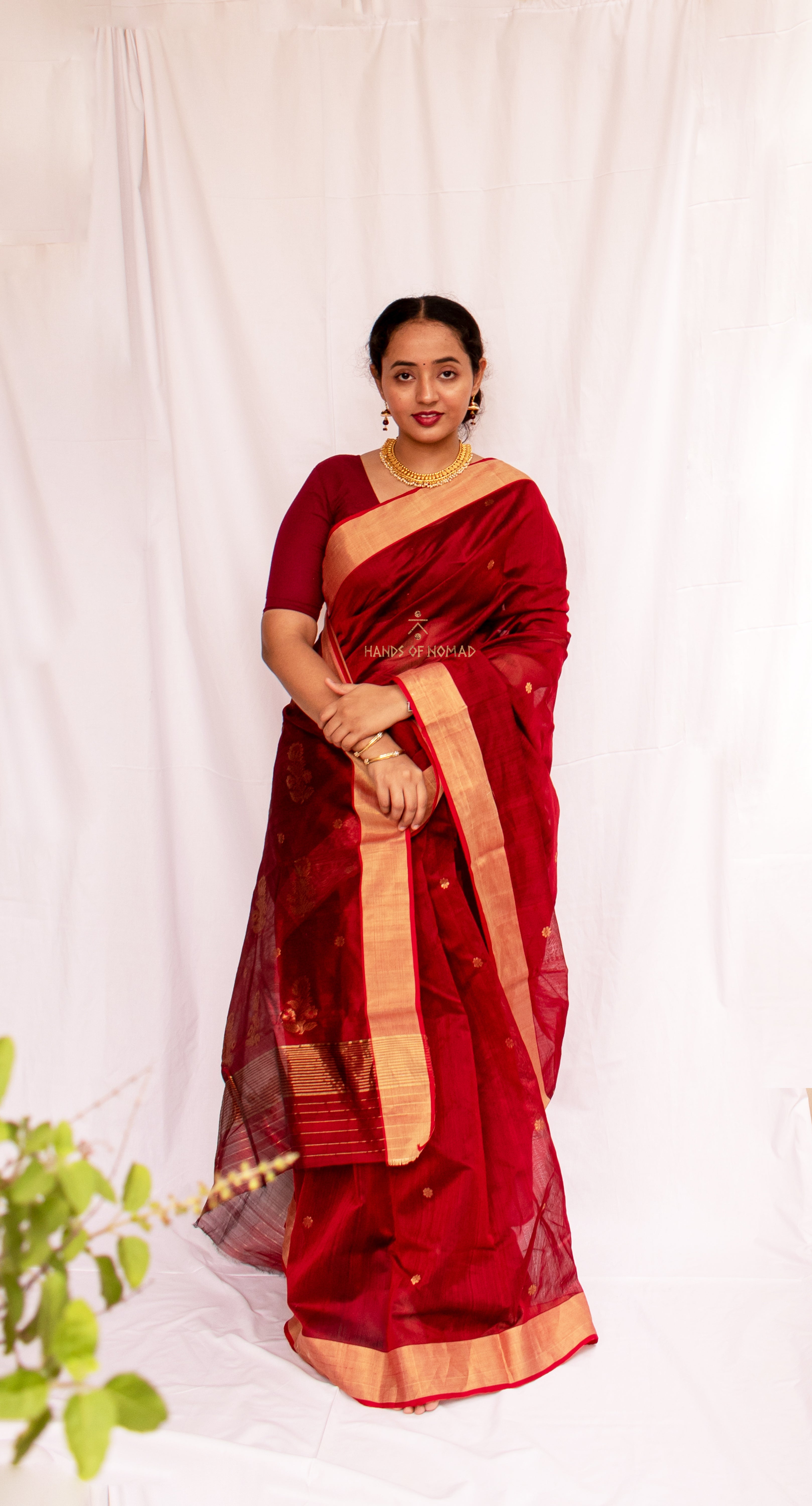 Woman wearing a Red Cotton Silk Chanderi saree 