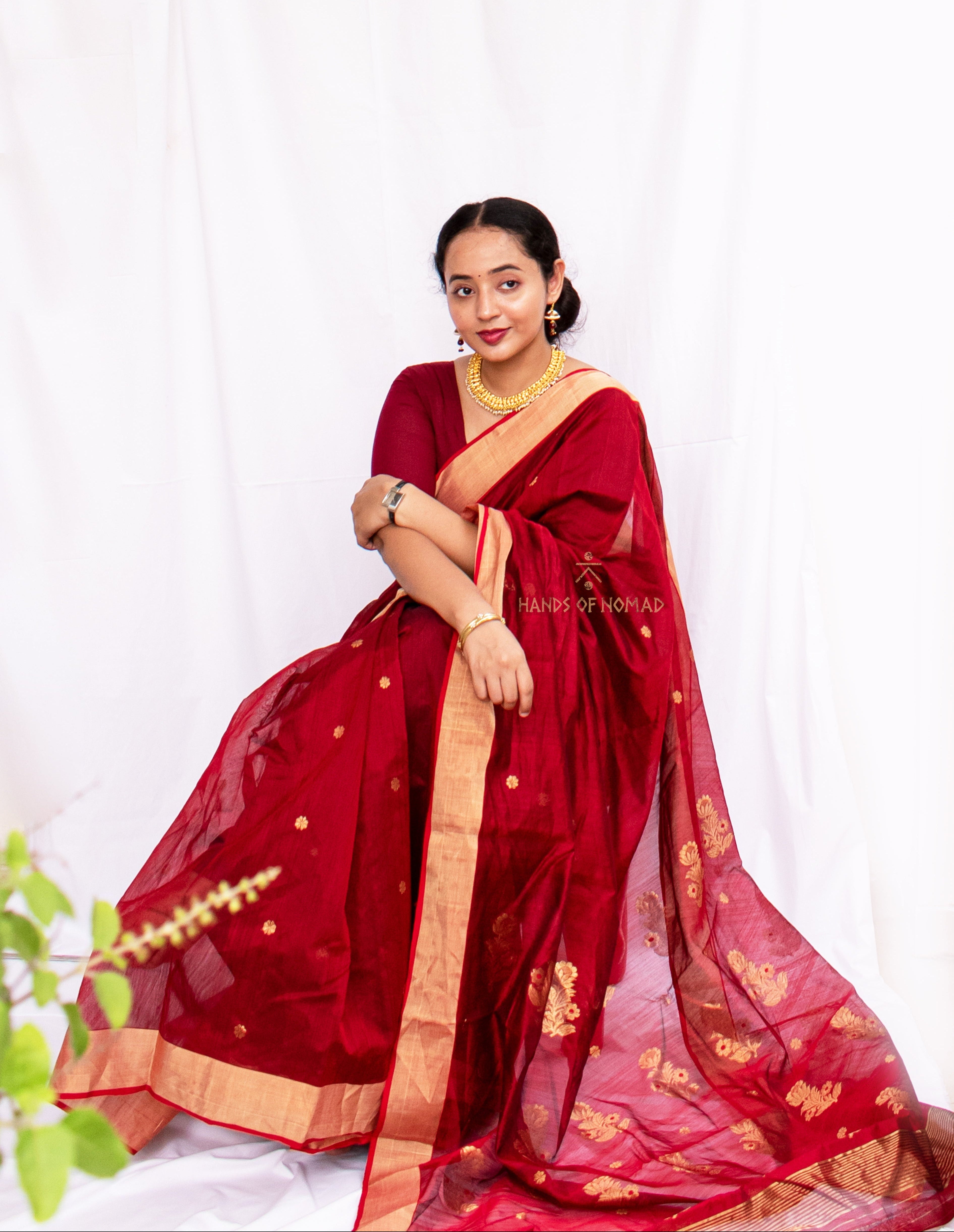 Woman wearing a Red Cotton Silk Chanderi saree 
