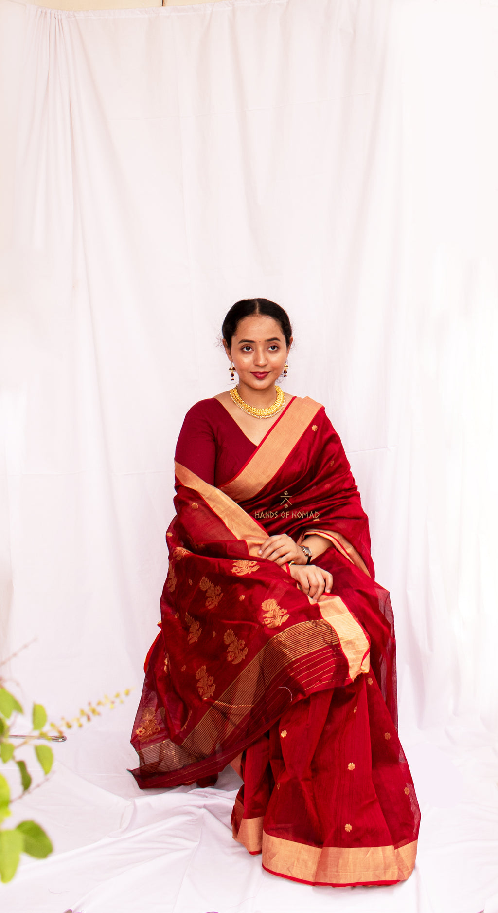 Woman wearing a Red Cotton Silk Chanderi saree 