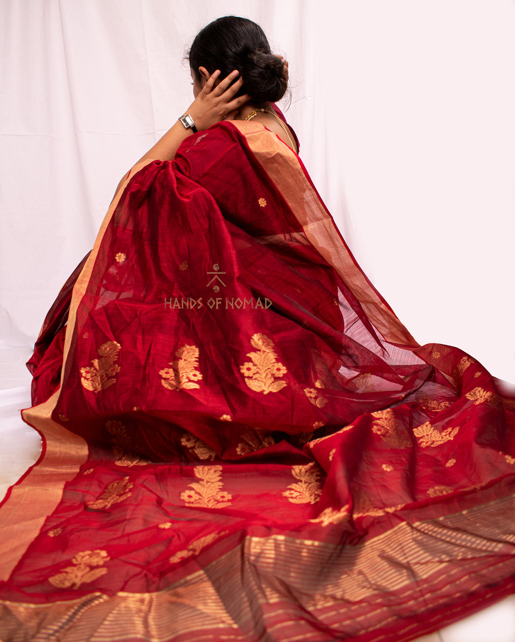 Woman wearing a Red Cotton Silk Chanderi saree 