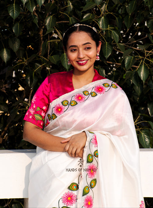 White Hand Painted Pichwai Silk Saree