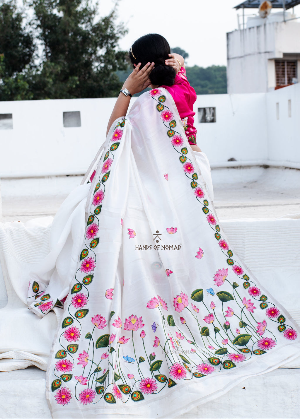 White Hand Painted Pichwai Silk Saree