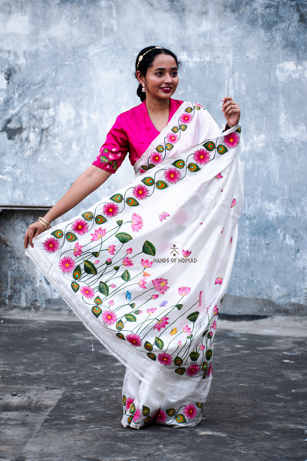 White Hand Painted Pichwai Silk Saree