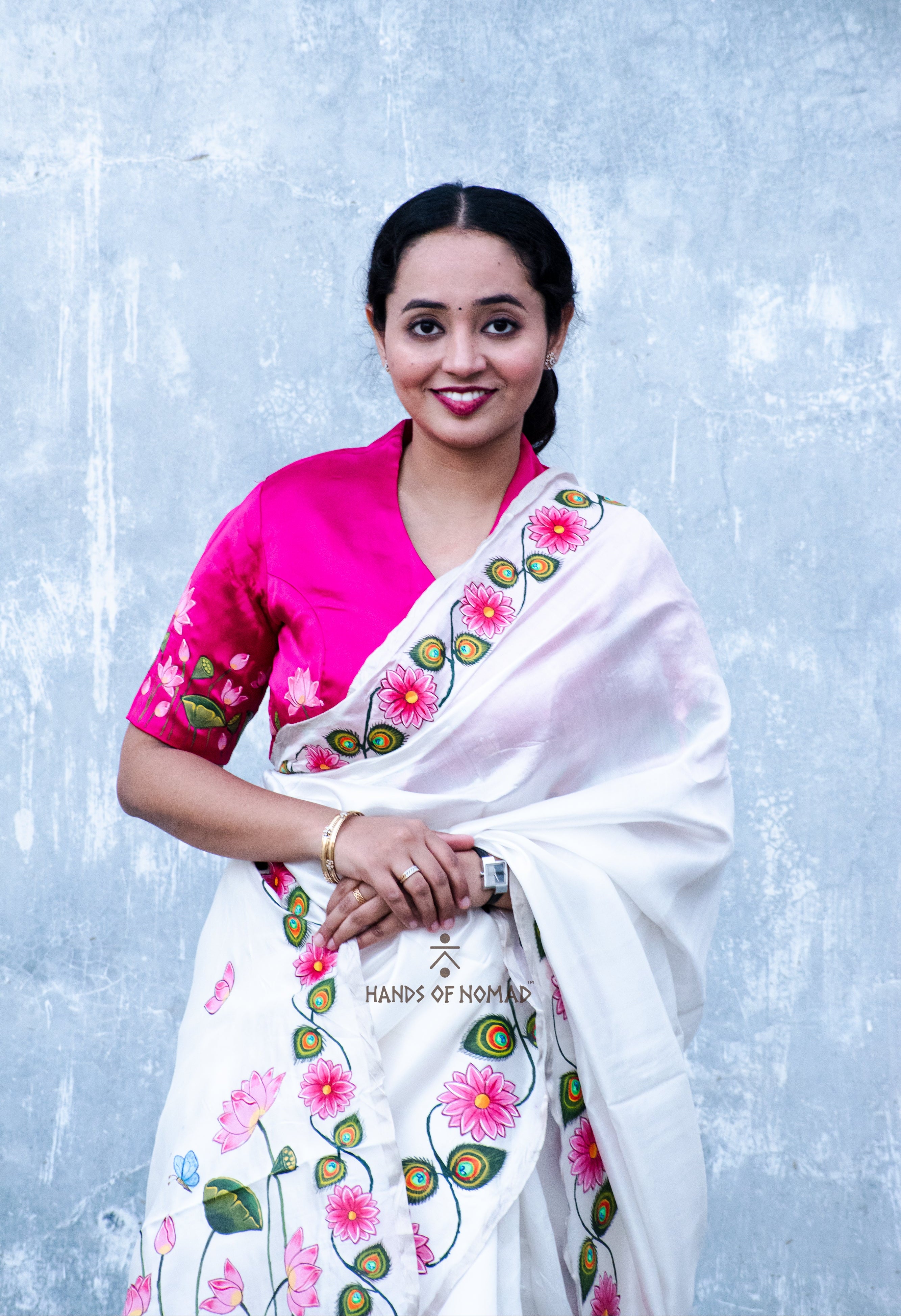 White Hand Painted Pichwai Silk Saree