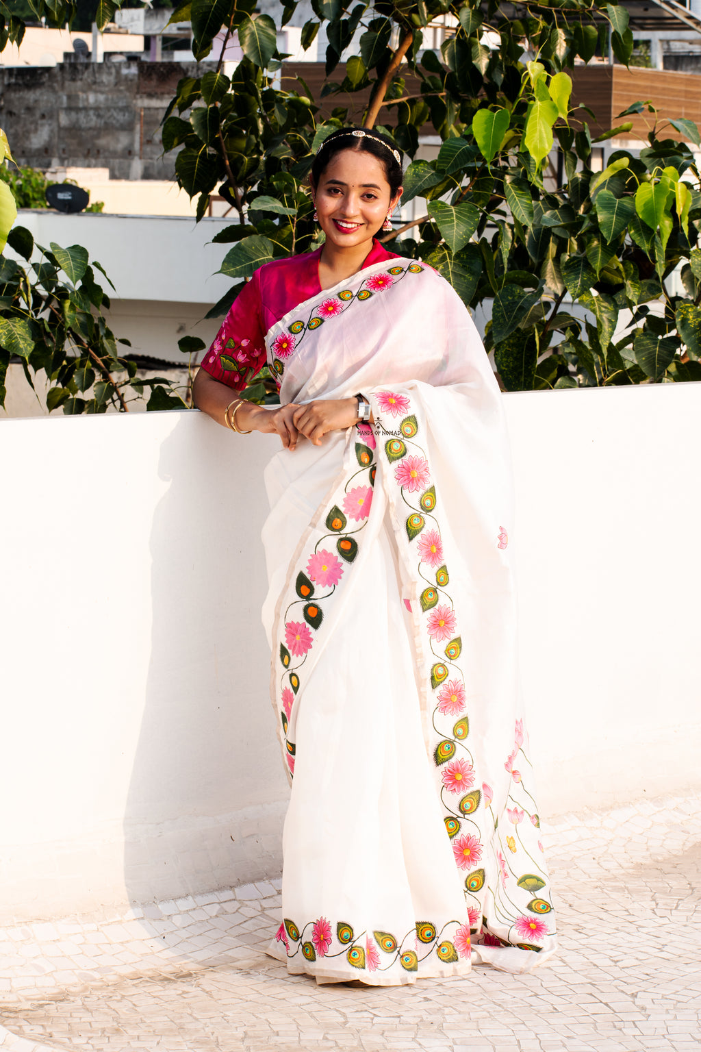 White Hand Painted Pichwai Silk Saree