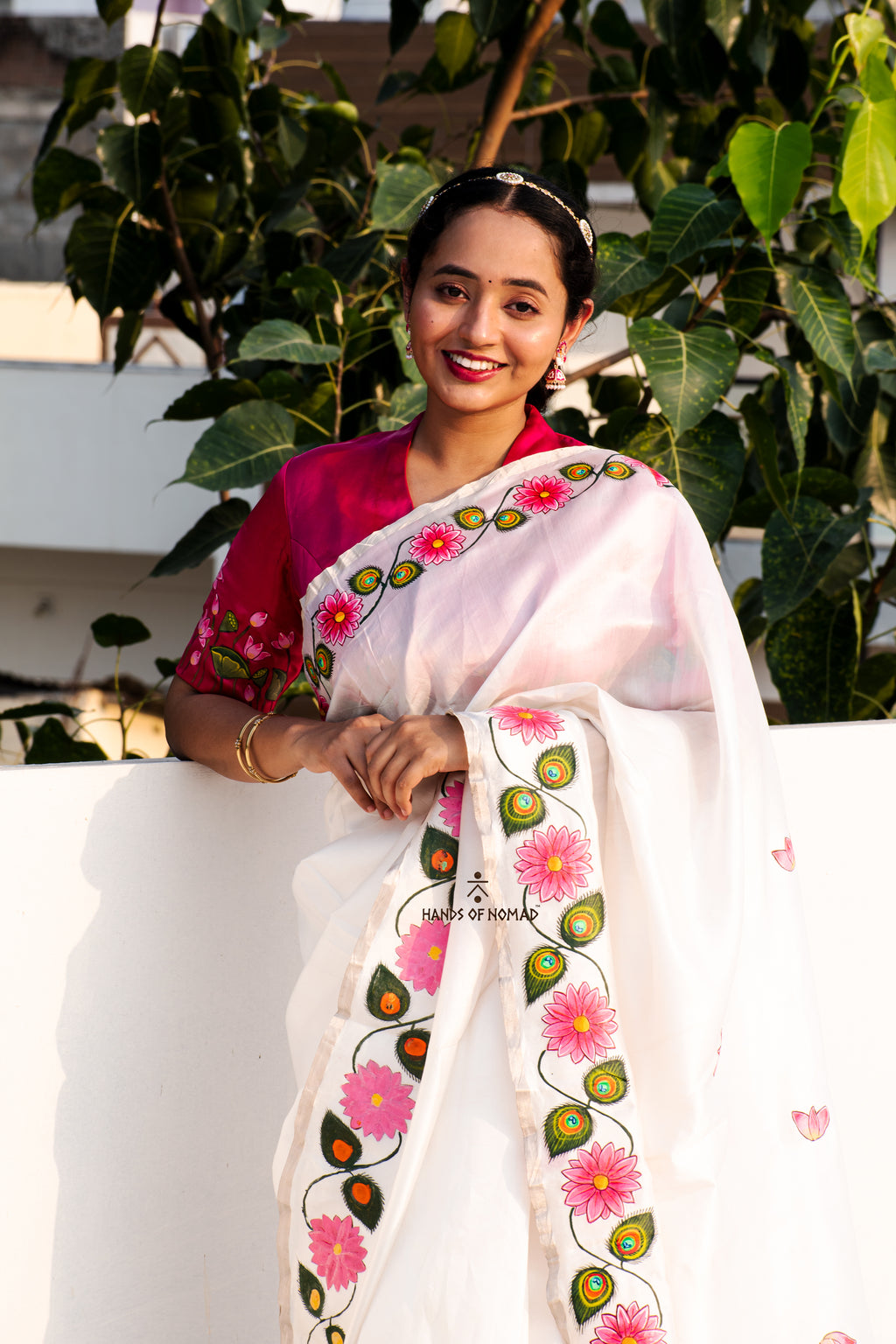 White Hand Painted Pichwai Silk Saree