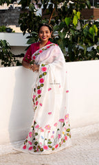 White Hand Painted Pichwai Silk Saree