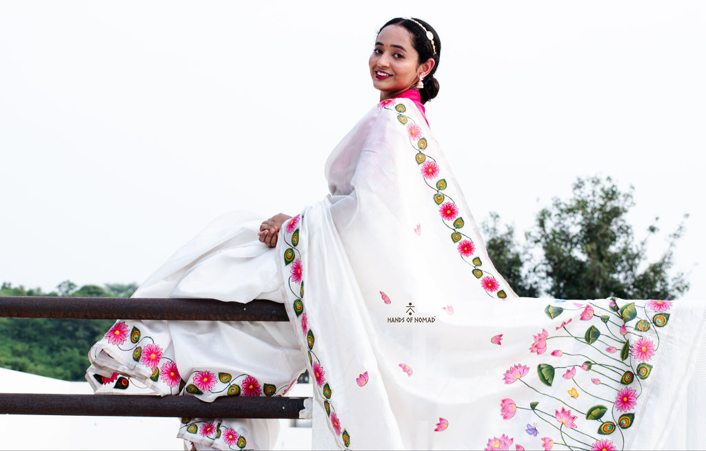 White Hand Painted Pichwai Silk Saree