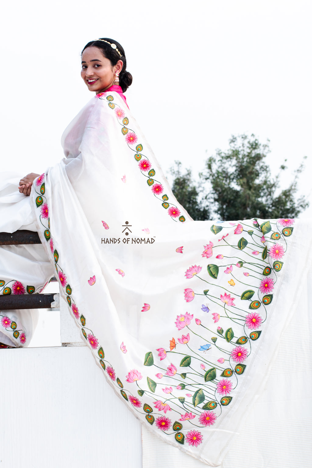 White Hand Painted Pichwai Silk Saree