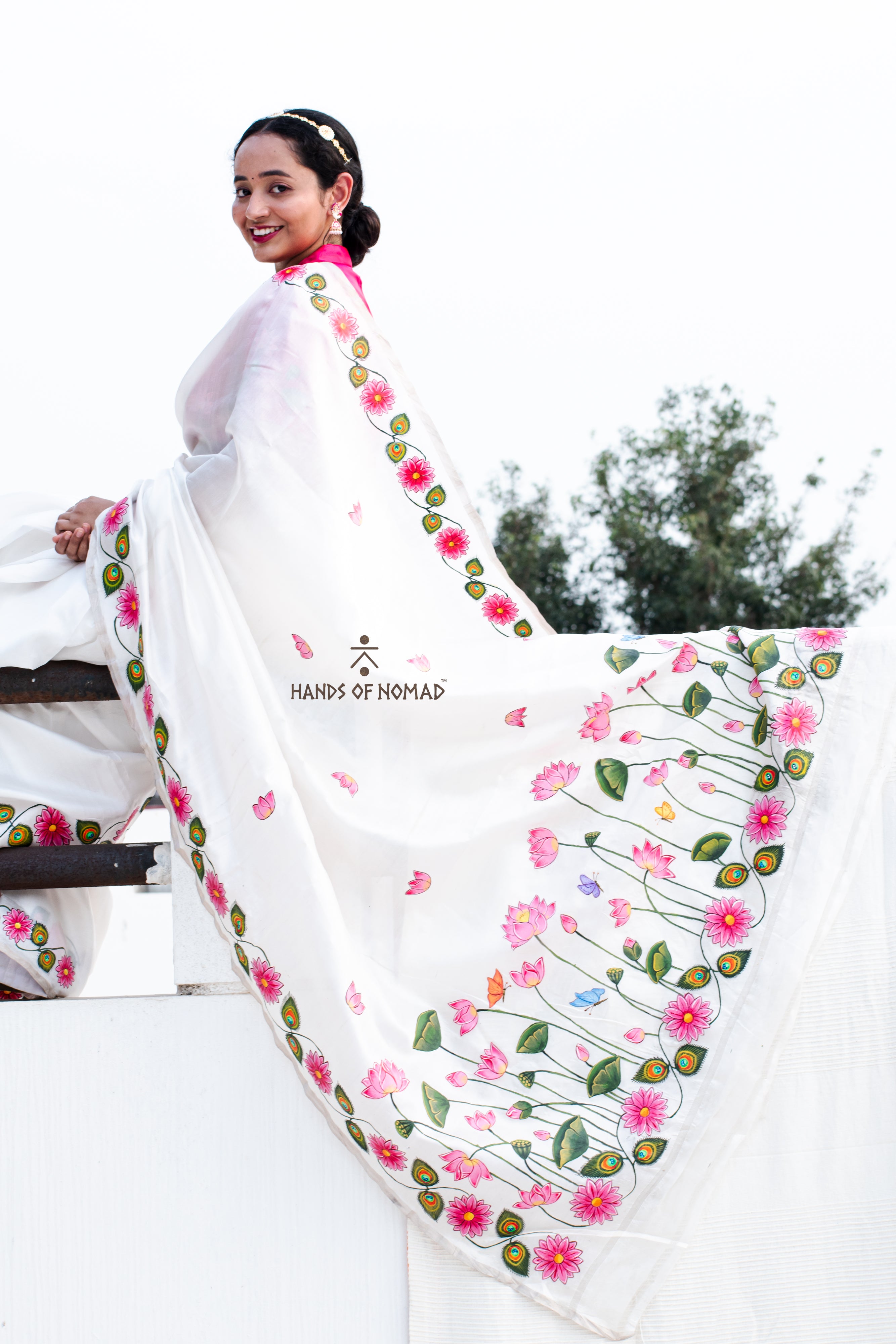 White Hand Painted Pichwai Silk Saree